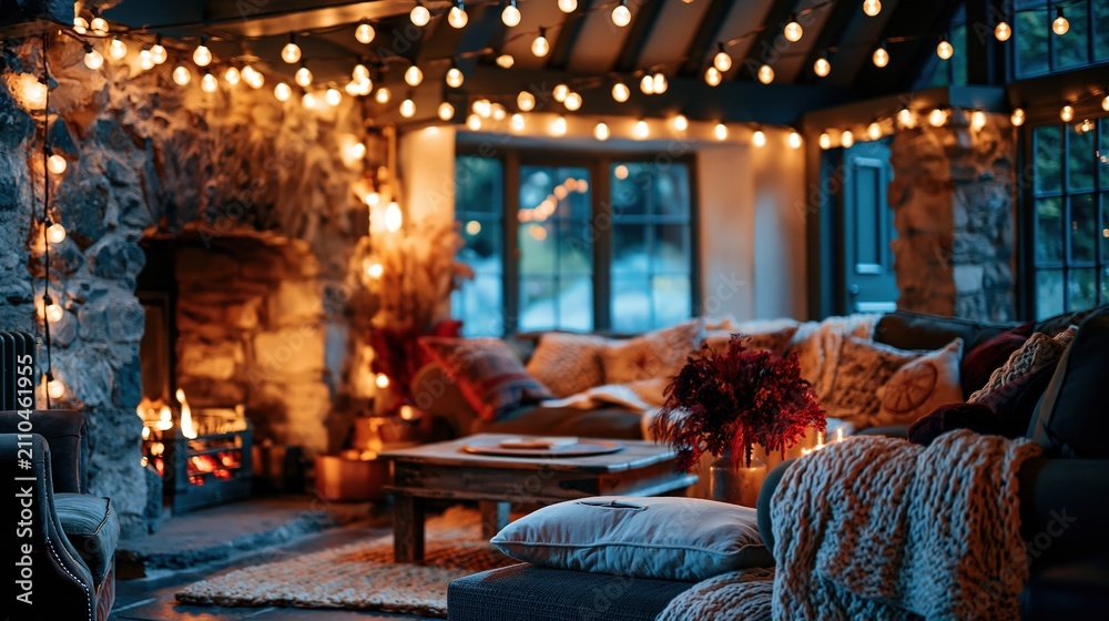 Obraz premium Cozy country living room with a glowing stone fireplace and amber string lights for warm home interiors and winter holiday concept