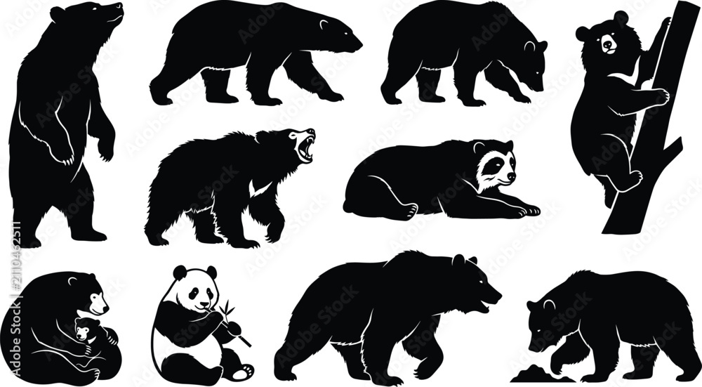 Fototapeta premium Flat Color Vector Wild Bear Species Silhouette Collection With Panda And Grizzly For Graphic Design Projects