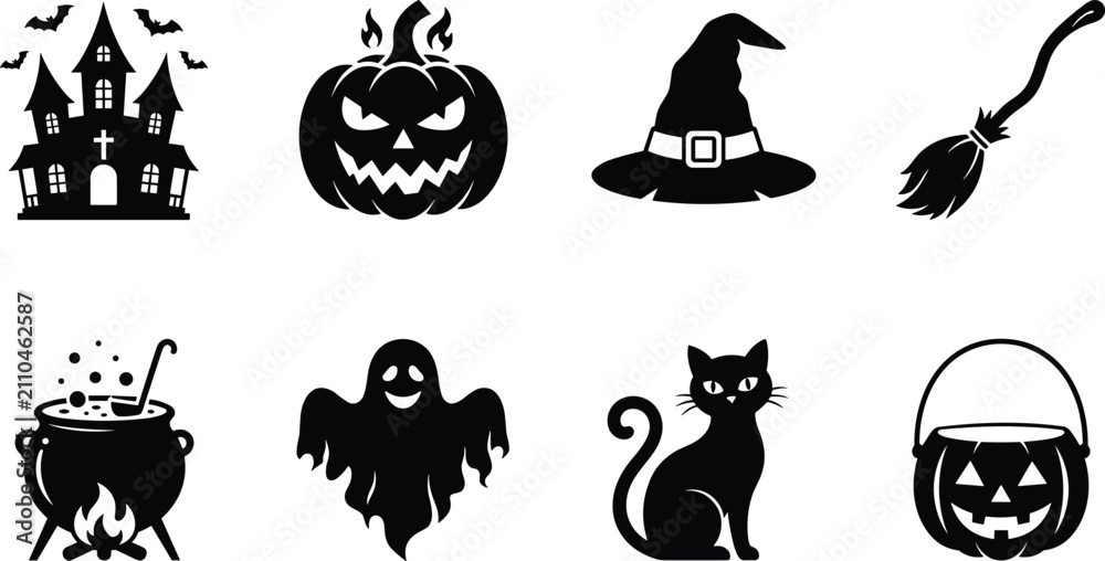 Fototapeta premium Halloween Spooky Silhouette Icon Collection with Haunted House Pumpkin and Witch Symbols for Holiday Graphic Design Projects