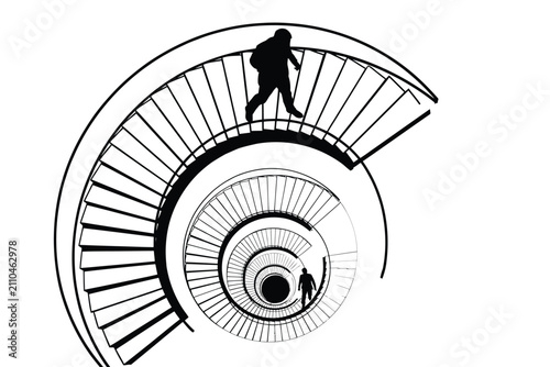 Spiral Staircase Silhouette With People Black And White Graphic