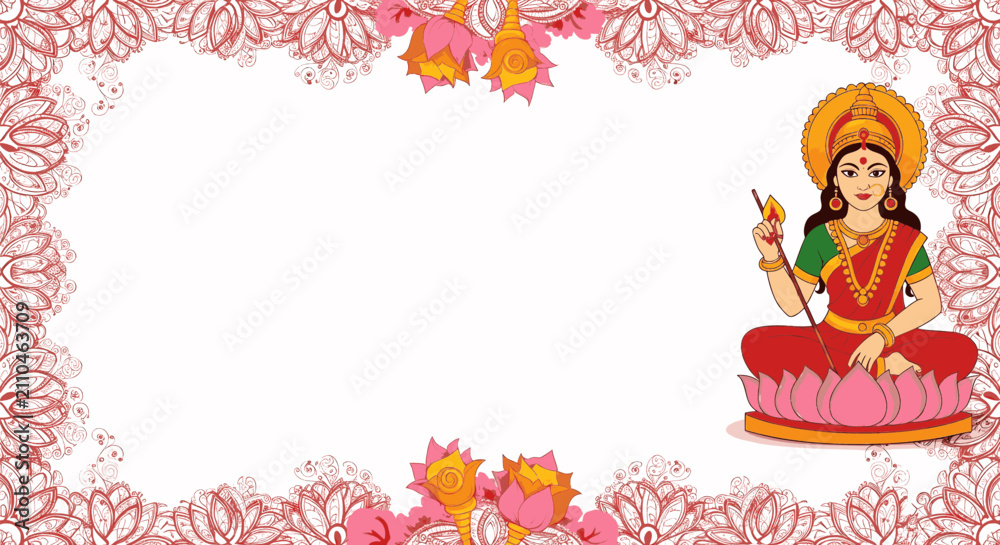 Fototapeta premium Goddess Saraswati sitting on lotus for Basant Panchami festival border