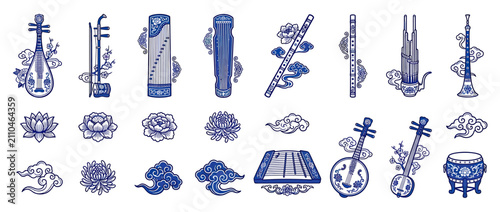 Traditional Asian Musical Instruments and Floral Motifs