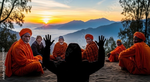 Group of hindu monks sitting in a circle at sunrise in the mountains of india