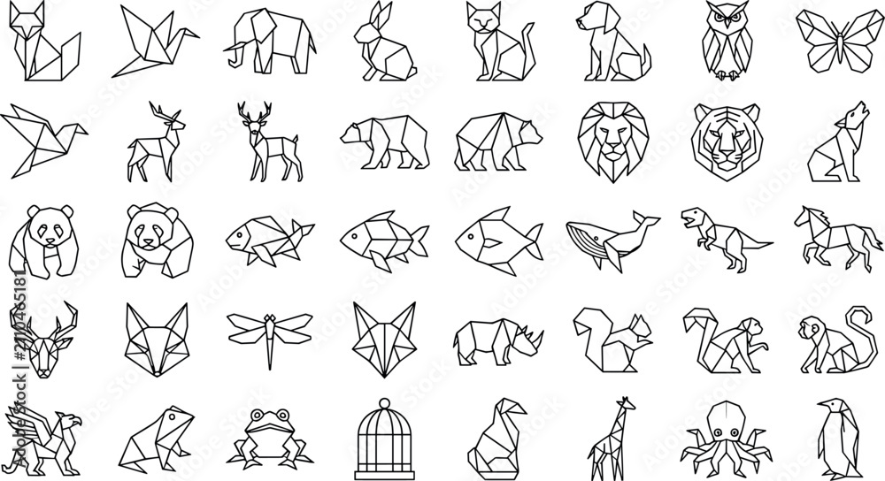 Fototapeta premium Geometric Origami Animals Polygon Low Poly Wild Wildlife Geometric Line IconsGeometric Origami Animals Polygon Low Poly Wild Wildlife Geometric Line Icons