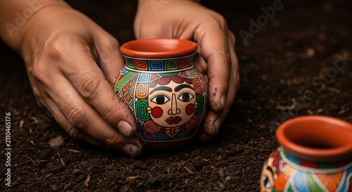 Hands holding a colorful handmade clay pot with painted face design on a dark textured surface