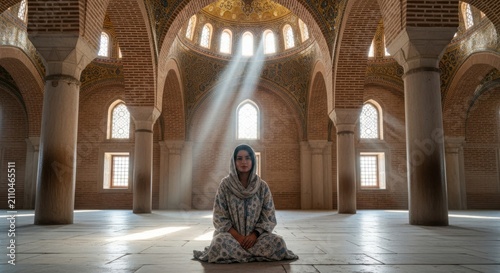 Woman sitting in meditation pose inside a beautiful historic mosque with sunlight rays streaming in