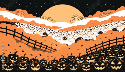 Fotografie Pixel art pumpkin patch at night with full moon
