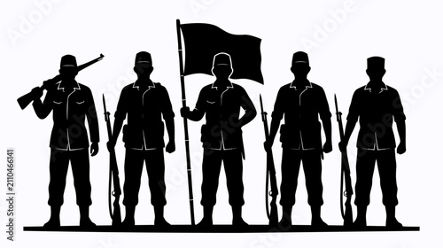 Silhouettes of Soldiers with Rifles and Flag