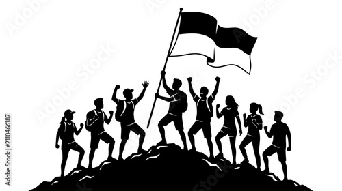 Group of hikers holding Indonesian flag on top of mountain