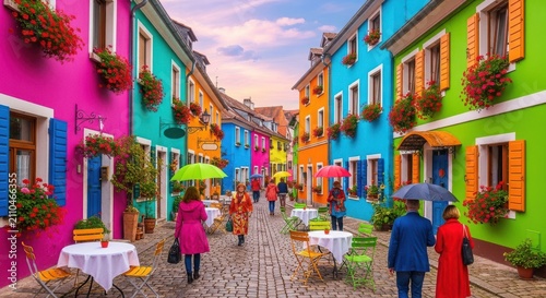 People walking on a narrow street with bright colorful buildings in a small european town