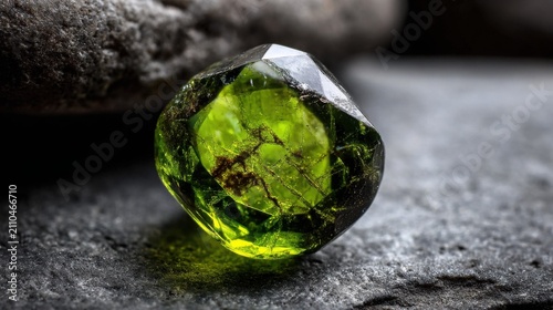 Lustrous dark green epidote gemstone with matrix inclusions, showcasing intricate internal formations.
