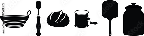 Artisanal bread baking and pastry tools black silhouette icon set featuring banneton proofing basket lame score tool sourdough loaf flour sifter peel and storage jar vector