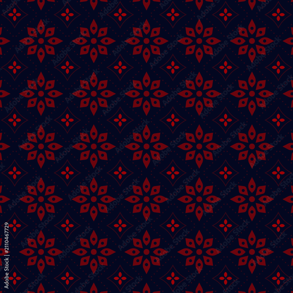 Fototapeta premium Seamless floral spiral pattern with geometric flower motifs on a dark navy background. Perfect for fabrics, wallpaper, and decorative prints.