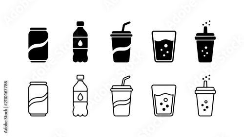 Konstfotografi Beverage Drink Icon Set in Silhouette and Outline Vector