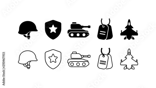 Fotografie Military Equipment Icon Set in Silhouette and Line Art Style