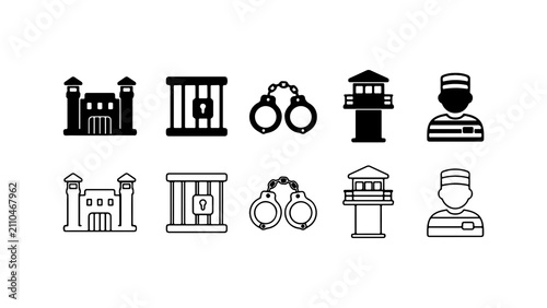 Konstfotografi Prison and Criminal Justice Icon Set in Silhouette and Outline Styles