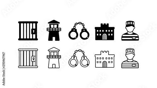 Bild auf Leinwand Prison and Crime Icon Set in Silhouette and Outline Vector