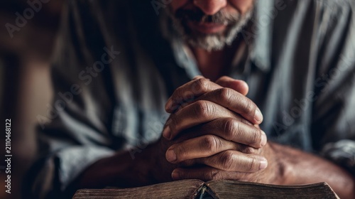 Close-up of a person with hands clasped in prayer, over an open book, reflecting solemnity and contemplation. Soft focus