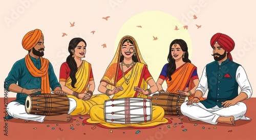 Happy indian family playing traditional dholak drums in a colorful cultural festival celebration