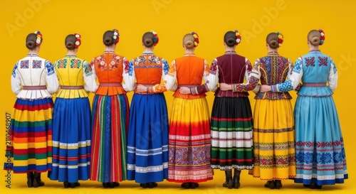 Group of women in traditional colorful folk clothing standing together in a row