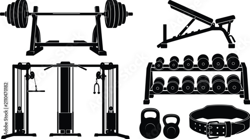 Tableau sur toile Heavy fitness gym equipment silhouette icon set featuring barbell bench press in