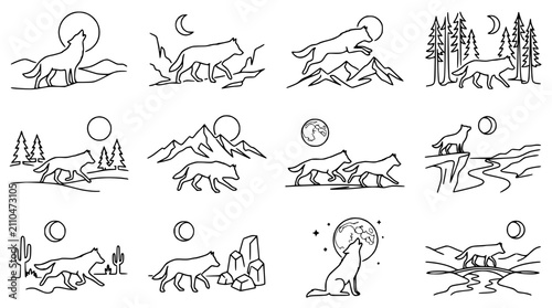 Obraz na płótnie Wolf Silhouette Collection: Howling, Running, and Mountain Scenes