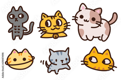 Cute Kawaii Cat Character Doodle Sticker Set, Hand Drawn Funny Kitten Collection Vector Illustration