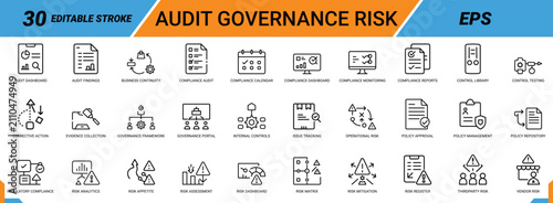 Audit governance risk vector icon set including compliance and operational monitoring.