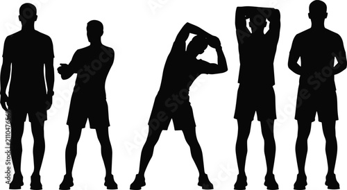 Standing Stretching Exercise Silhouette Collection with Warm Up Fitness Training Vector Illustration Set