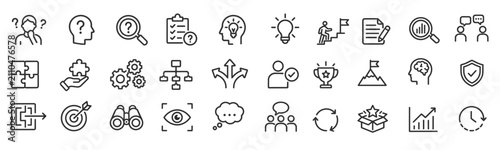 A set of 30 black line art icons representing problem-solving, strategic planning, management, and business success.