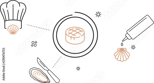 Obraz na płótnie Gourmet seafood restaurant outline concept set featuring chef hat oyster shuckin