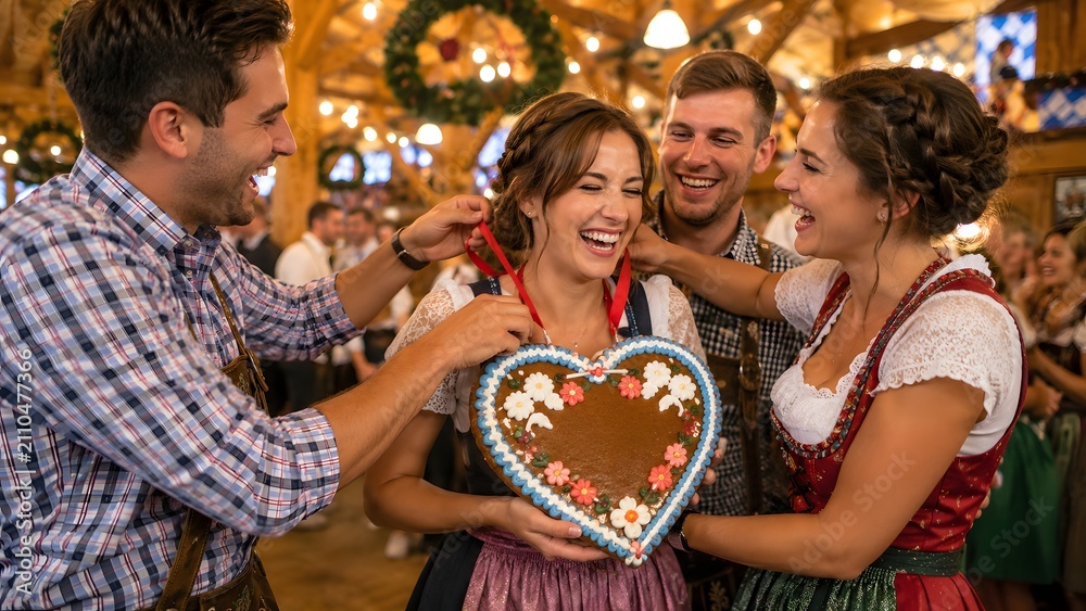 Fototapeta premium Happy friends celebrating Oktoberfest with a gingerbread heart in a beer tent.