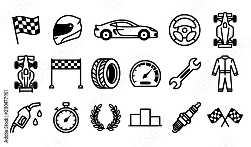 Canvastavla Set of eighteen racing icons with car helmet wrench fuel pump suit and trophy bl