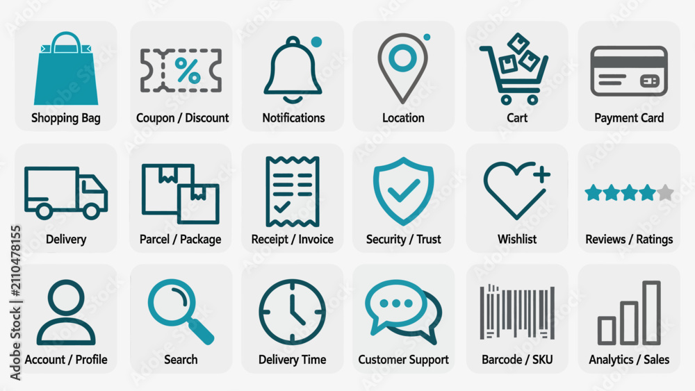 Fototapeta premium Collection of modern minimalist line icons for e-commerce and online shopping website design featuring shopping bag, cart, delivery truck, payment card, and customer support symbols