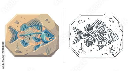 Принти на полотні Fish Fossil Skeleton in Stone, Prehistoric Marine Life Illustration