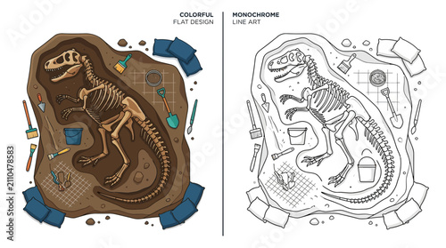 Foto Dinosaur Fossil Excavation Site: Colorful Flat Design and Monochrome Line Art