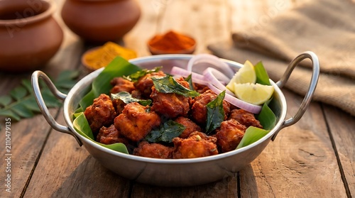 Spicy chicken tikka masala served in a traditional metal bowl on a rustic wooden table. chicken 65
