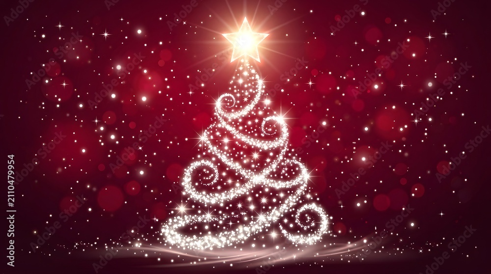 Obraz premium Abstract glowing christmas tree illustration with sparkling lights and a bright star on a deep red festive background