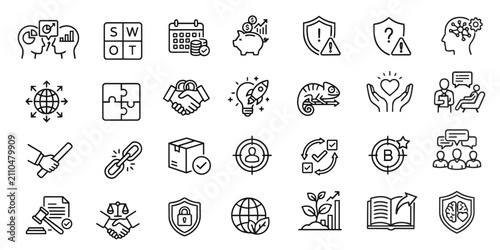 A set of black line art icons on a white background to convey the processes of thinking, problem-solving, strategic planning, management, and business success. (28 icons)