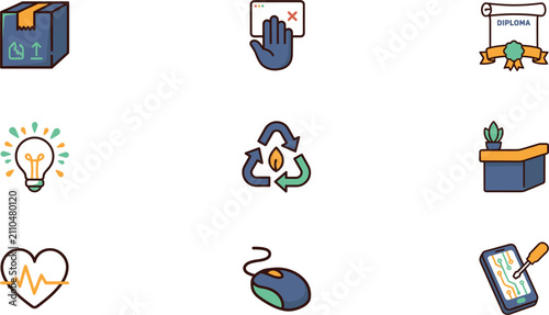 Valokuva Vector set of colorful miscellaneous icons featuring parcel window block diploma