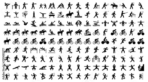 Set of black silhouette human icons showing various active sports and fitness poses for exercise and training