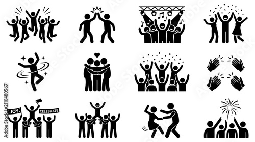 Set of black stick figure icons showing people celebrating success and having fun in group activities