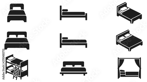 Set of black bed icons showing different types of furniture for bedroom and hotel design