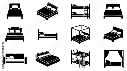 Bild auf Leinwand Set of black bed icons showing different furniture styles including bunk beds an