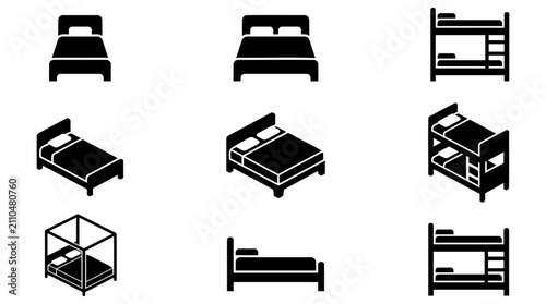 Foto Set of black bed icons including single double bunk and canopy bed styles for be