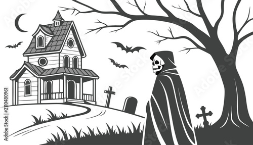 Konstfotografi Grim Reaper standing near a spooky haunted house at night