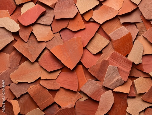 Close-up of broken terracotta pottery shards in various warm shades of orange and red.