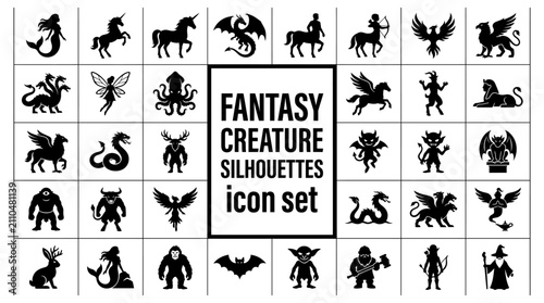 Quadro su tela Set of black silhouette icons of various fantasy creatures mythical monsters and