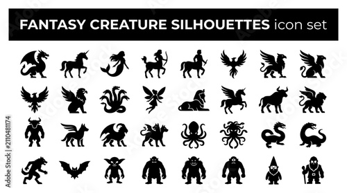 Quadro su tela Set of black silhouettes of fantasy creatures and mythical monsters including dr