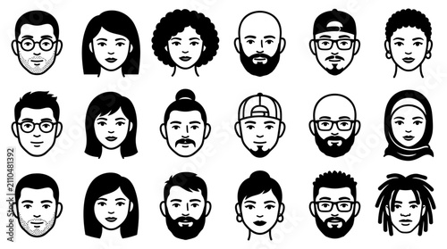 Set of diverse human face avatars and people portraits in simple black and white line art style for social media profile icons and web design graphics